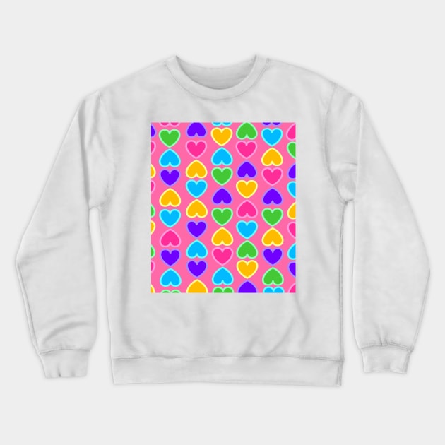 Bright Colourful Hearts on a Vibrant Pink Background Crewneck Sweatshirt by OneThreeSix